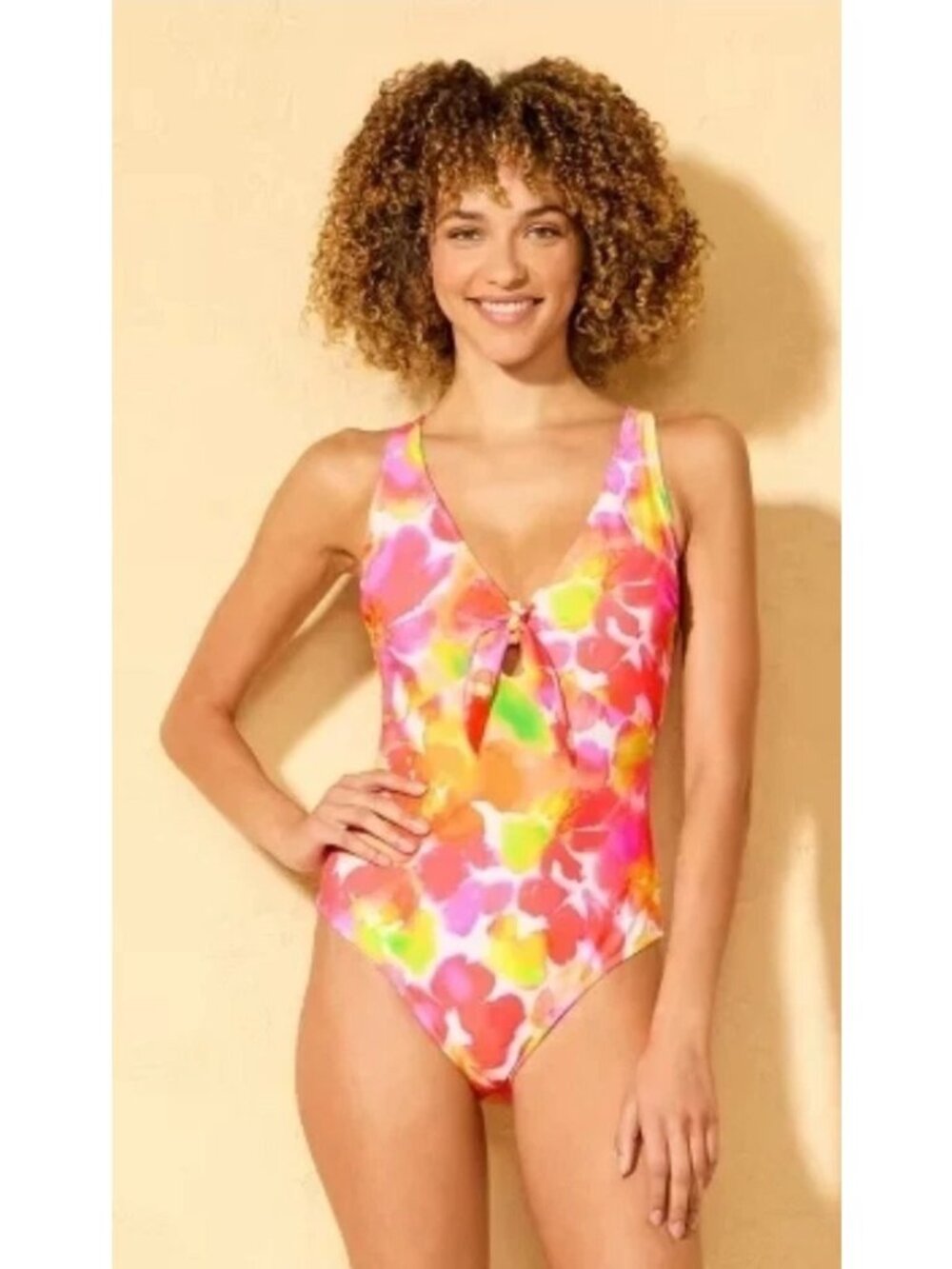 NEW Shade & Shore Tie-Front Keyhole High Leg One Piece Swimsuit - Multicolor